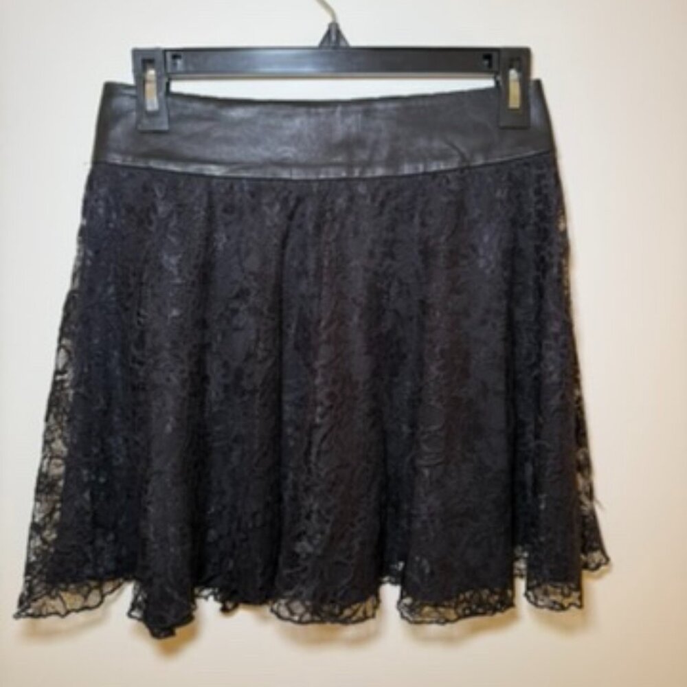 Alice + Olivia mini black lace skirt with genuine leather waistband - size 2